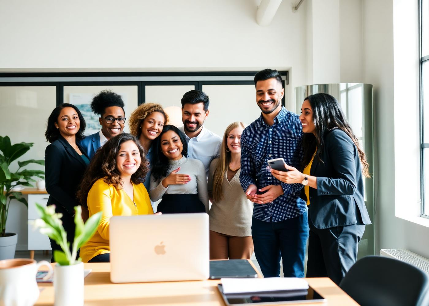 A team collaborating in a bright modern office